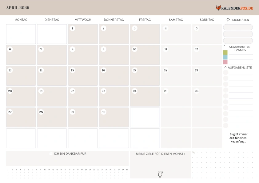 Kalender April 2026 mit To-Do-Liste