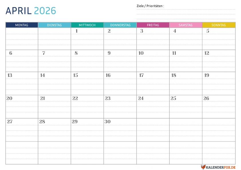 Gepunktete Kalender April 2026 vorlage