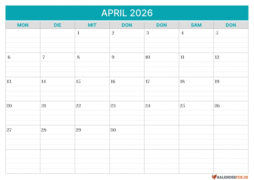 Linierte Kalender April 2026 vorlage