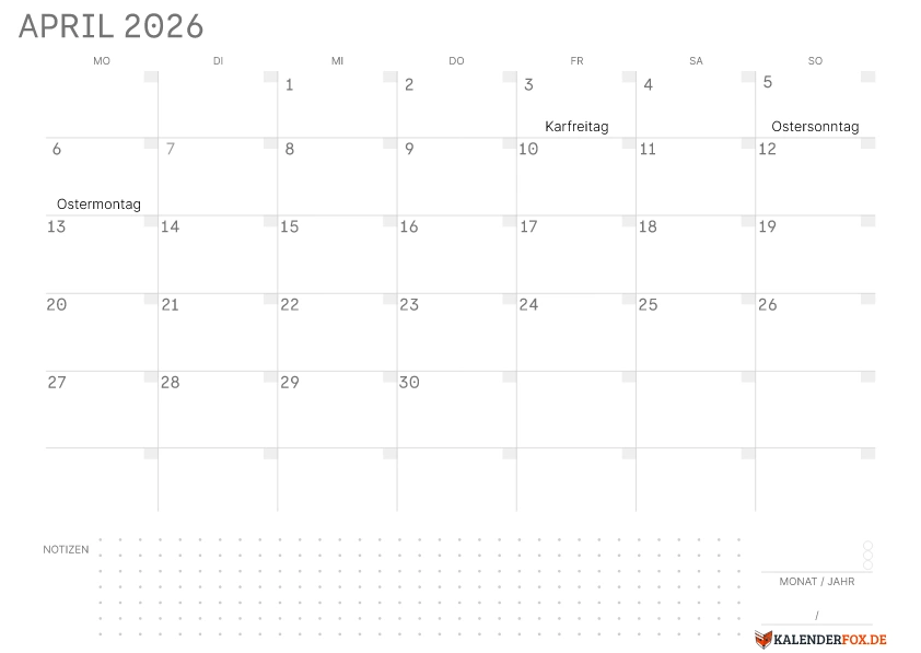 Leerer Kalender April 2026 mit Feiertagen