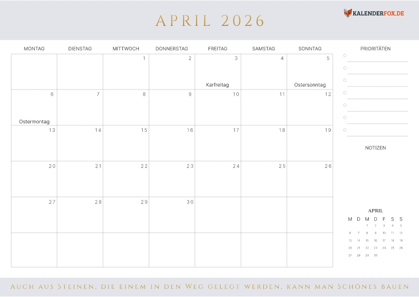 Prioritäten Kalender April 2026 mit Feiertagen