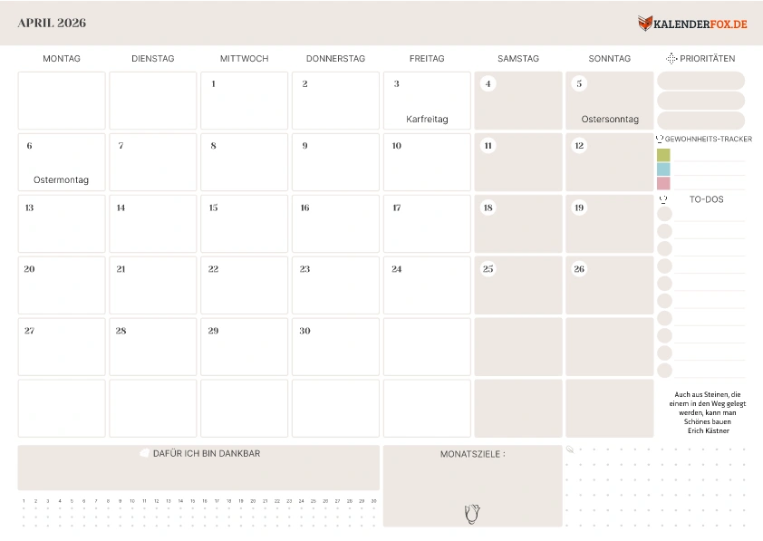 To-Do Liste Kalender April 2026 mit Feiertagen
