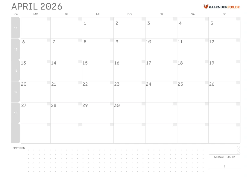 Leerer Kalender April 2026 mit KW