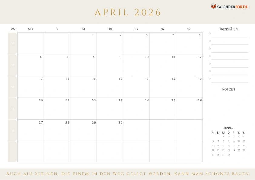 Prioritäten Kalender April 2026 mit KW