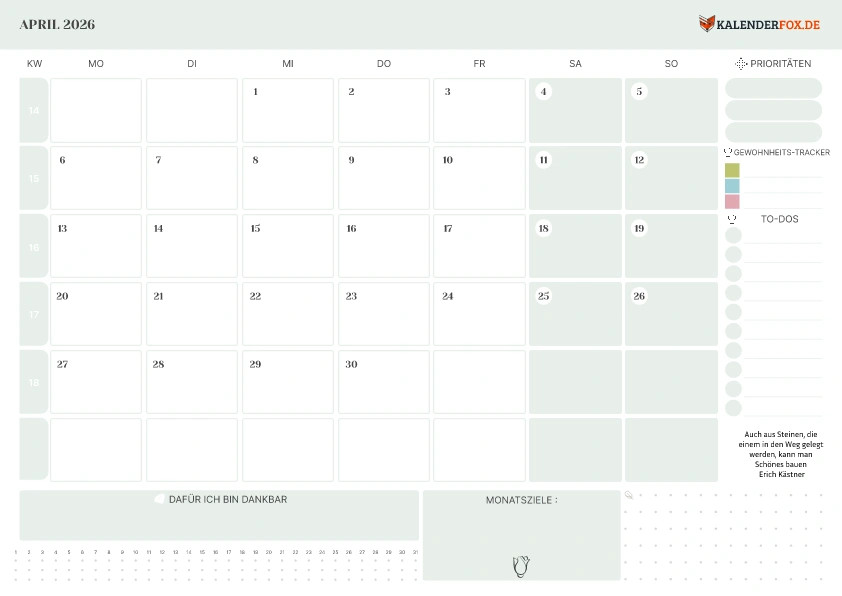 To-Do Liste Kalender April 2026 mit KW