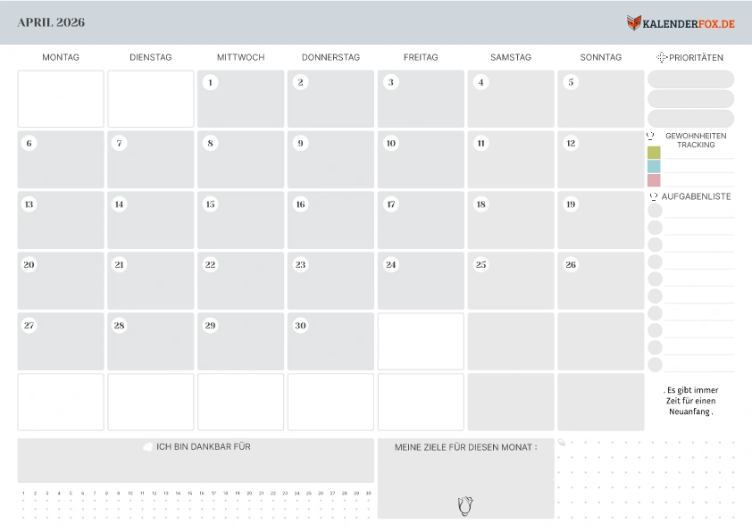 Kalender April 2026 mit Notizbereich