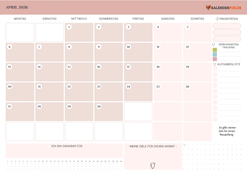 Kalender April 2026 mit Zitaten