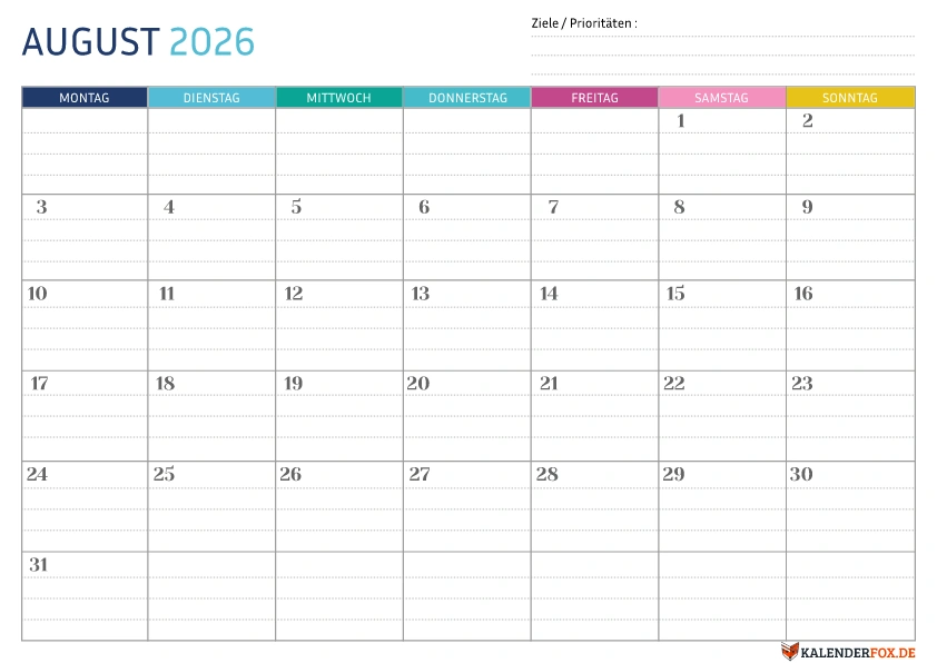 Gepunktete Kalender August 2026 vorlage