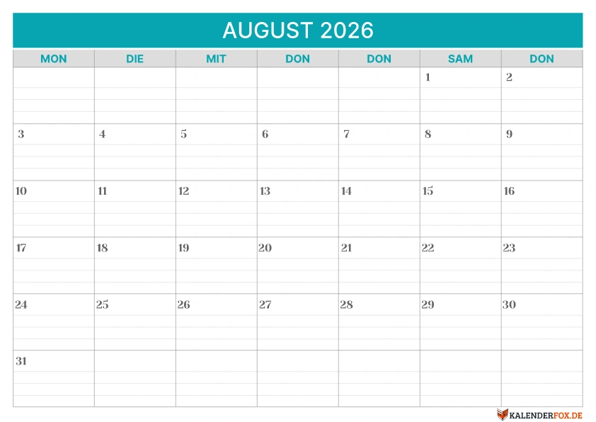 Linierte Kalender August 2026 vorlage