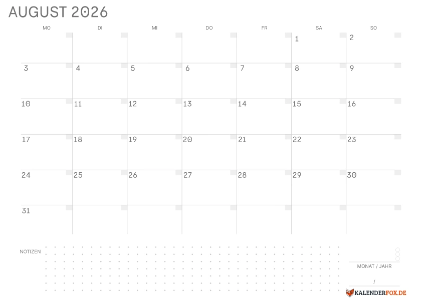 Leerer Kalender August 2026 mit Feiertagen