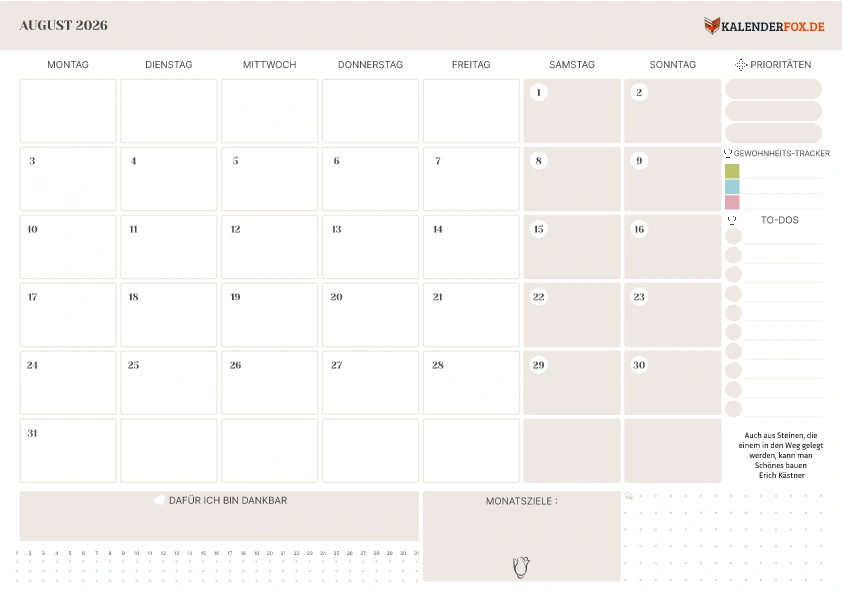 To-Do Liste Kalender August 2026 mit Feiertagen