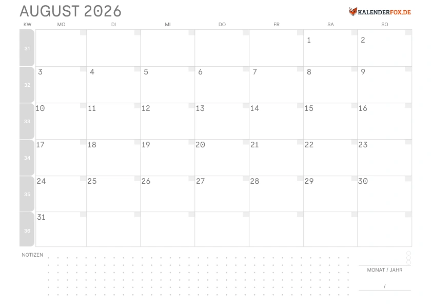 Leerer Kalender August 2026 mit KW