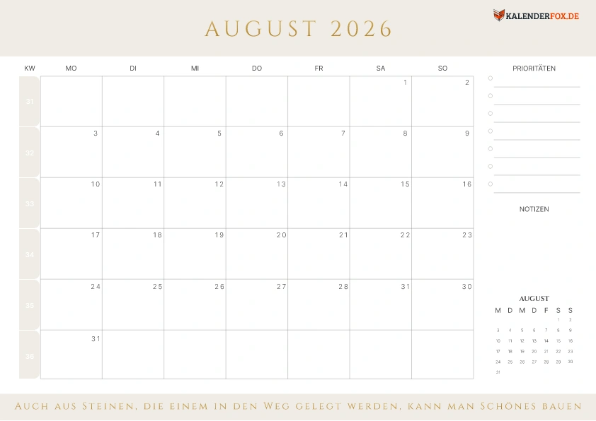 Prioritäten Kalender August 2026 mit KW