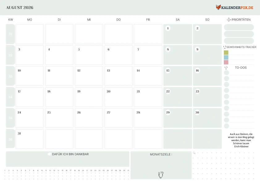 To-Do Liste Kalender August 2026 mit KW