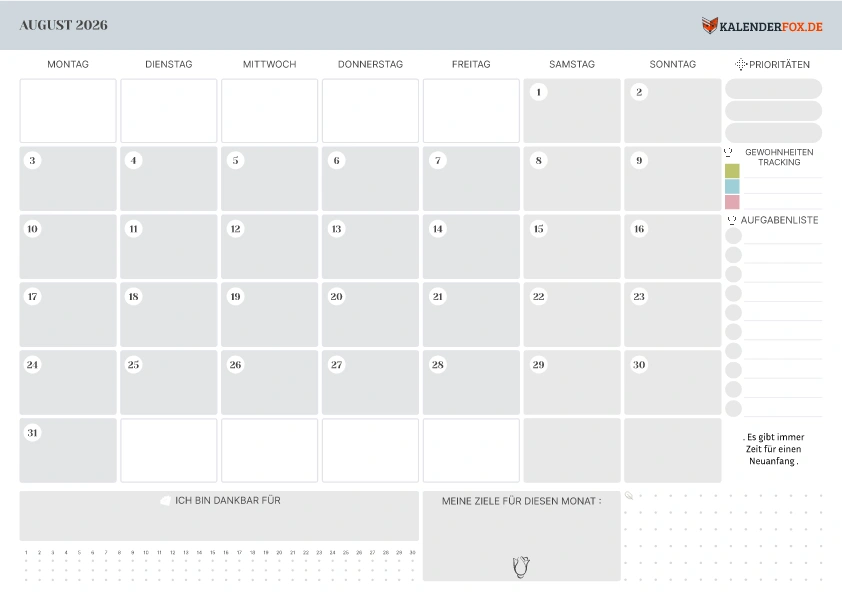 Kalender August 2026 mit Notizbereich