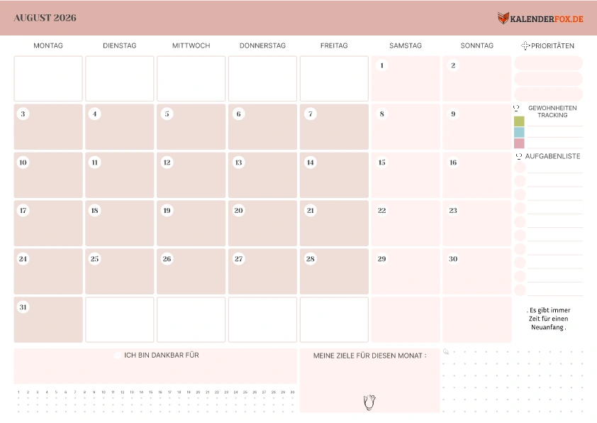 Kalender August 2026 mit Zitaten