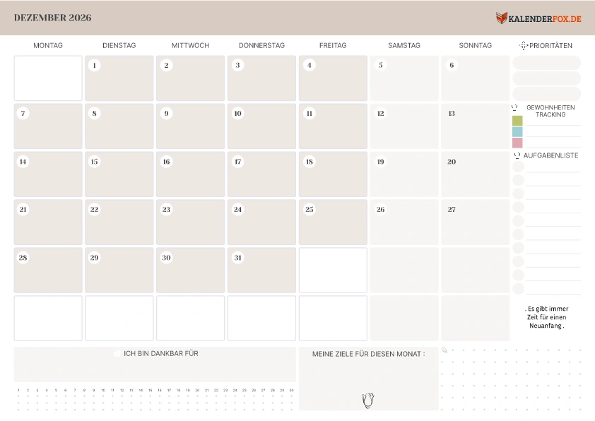 Kalender Dezember 2026 mit To-Do-Liste