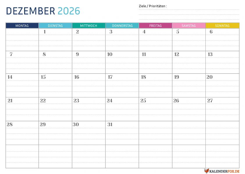 Gepunktete Kalender Dezember 2026 vorlage