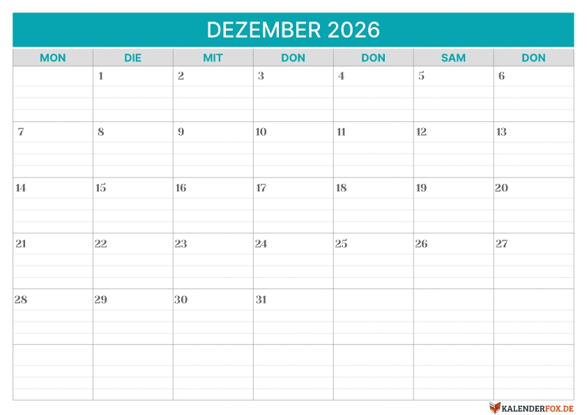 Linierte Kalender Dezember 2026 vorlage