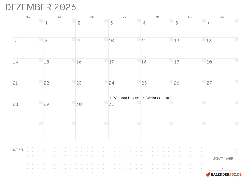 Leerer Kalender Dezember 2026 mit Feiertagen