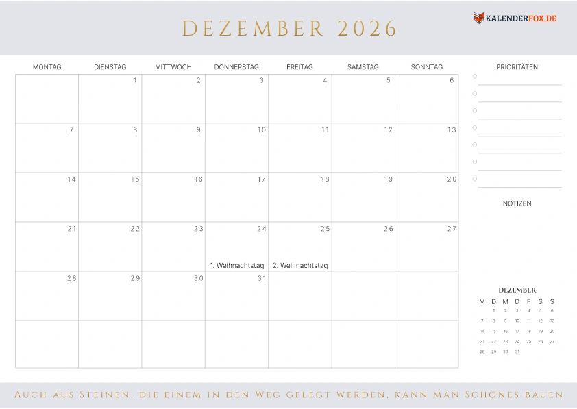 Prioritäten Kalender Dezember 2026 mit Feiertagen