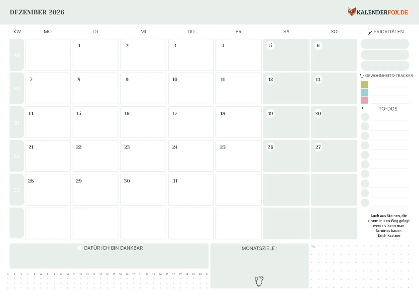 To-Do Liste Kalender Dezember 2026 mit KW