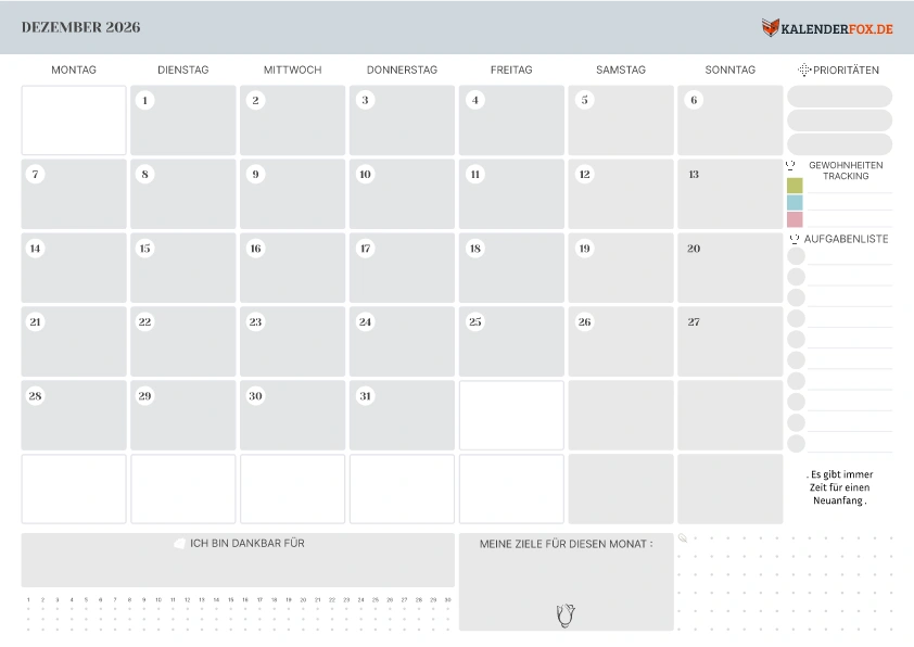 Kalender Dezember 2026 mit Notizbereich