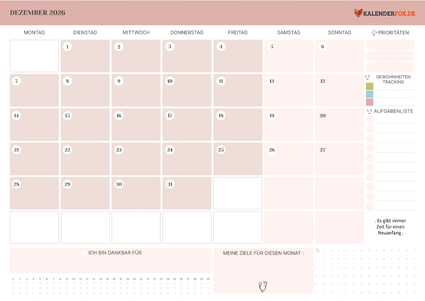 Kalender Dezember 2026 mit Zitaten
