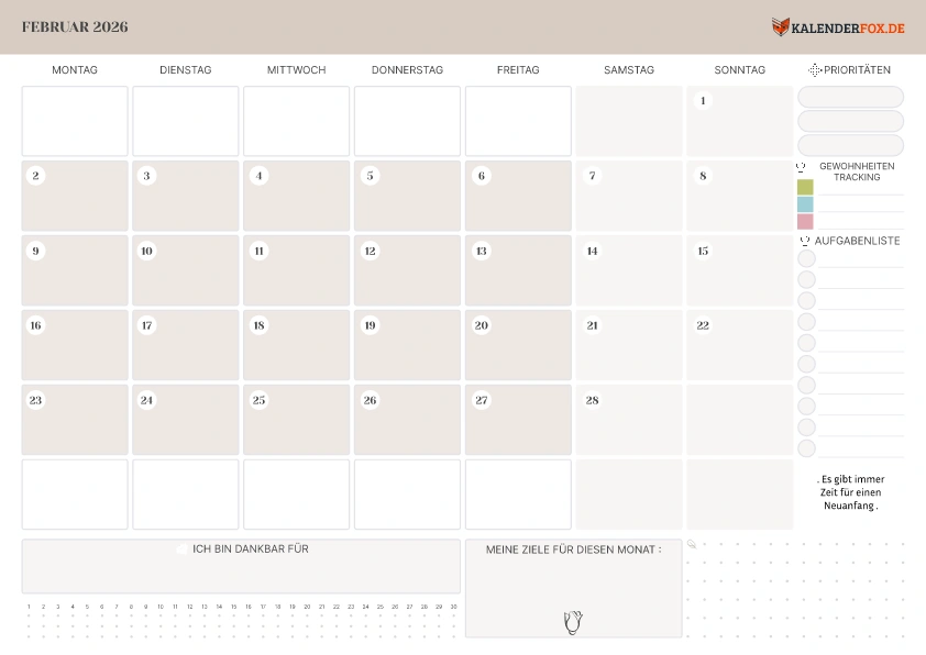 Kalender Februar 2026 mit To-Do-Liste