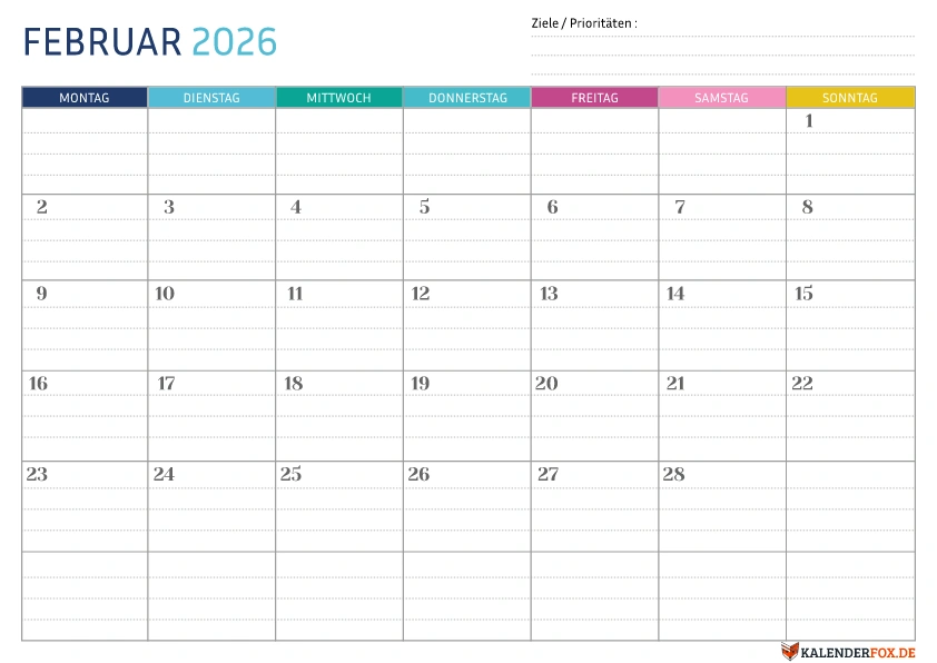 Gepunktete Kalender Februar 2026 vorlage