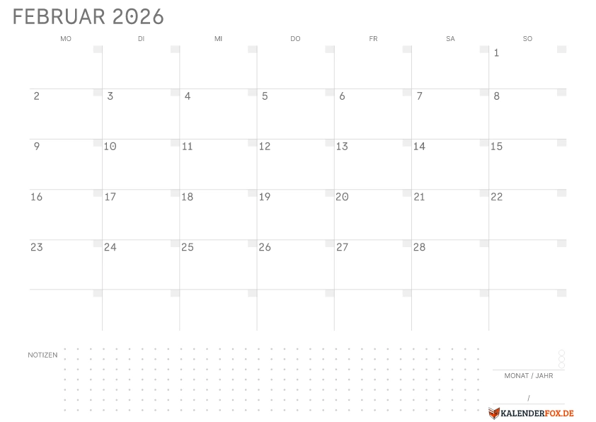 Leerer Kalender Februar 2026 mit Feiertagen