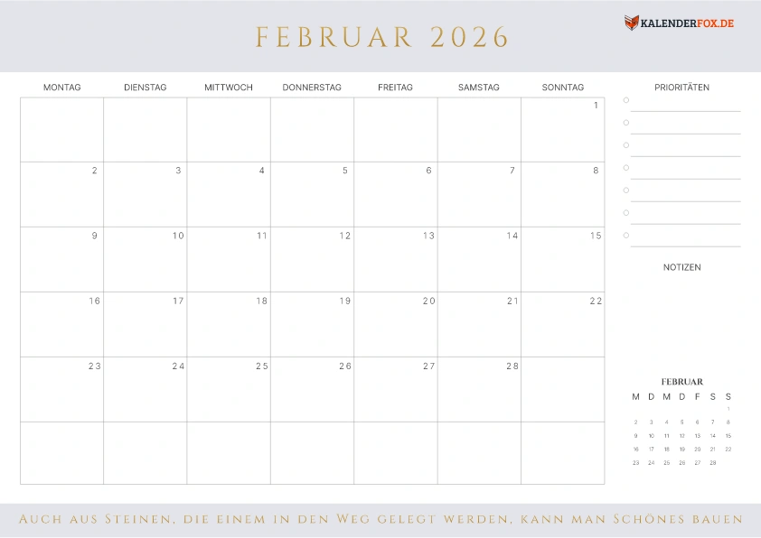 Prioritäten Kalender Februar 2026 mit Feiertagen