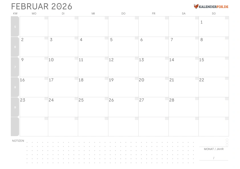 Leerer Kalender Februar 2026 mit KW