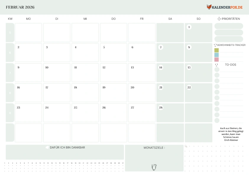 To-Do Liste Kalender Februar 2026 mit KW