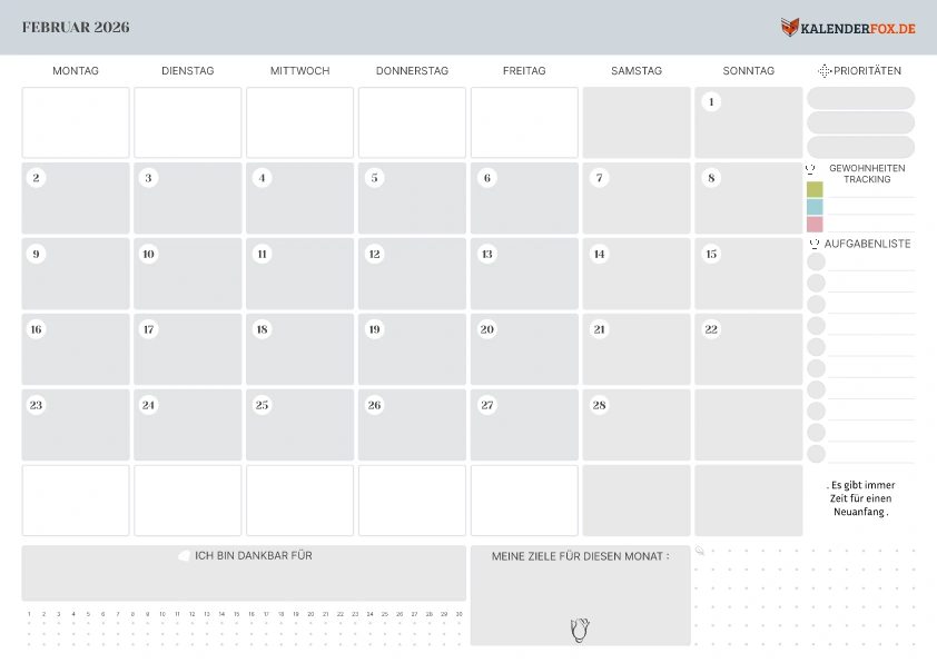 Kalender Februar 2026 mit Notizbereich
