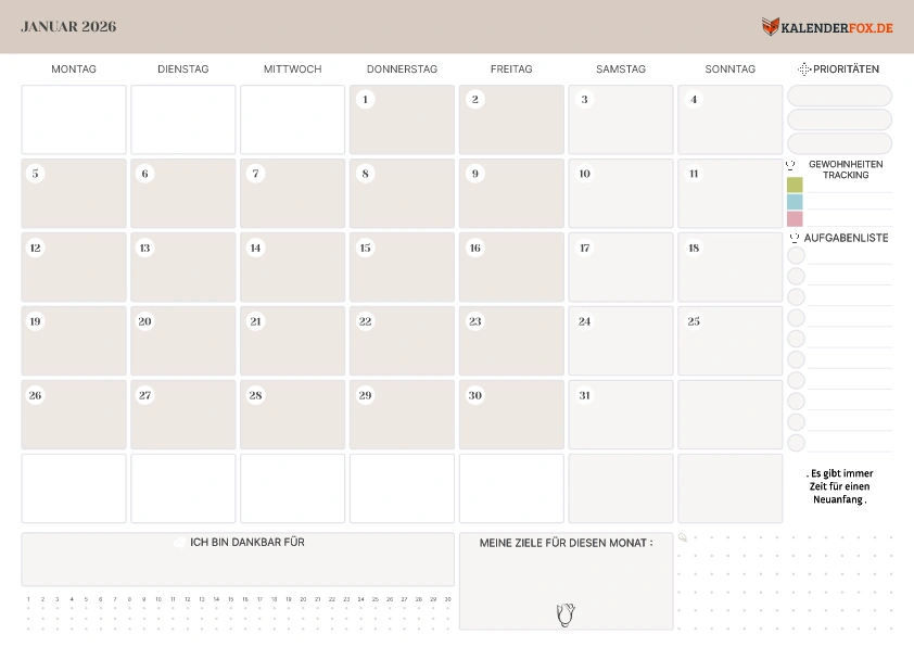 Kalender Januar 2026 mit To-Do-Liste