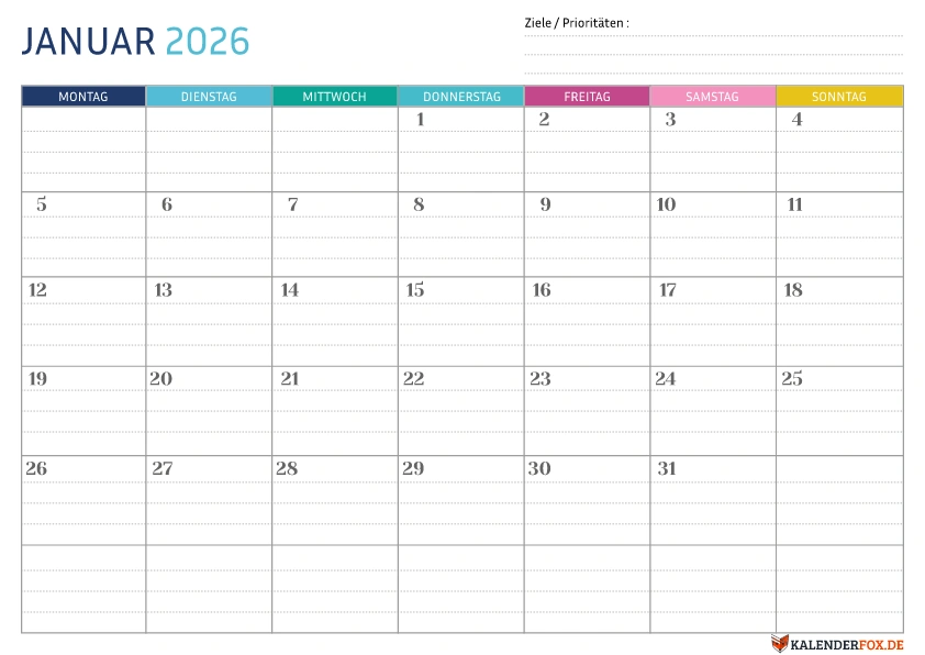 Gepunktete Kalender Januar 2026 vorlage