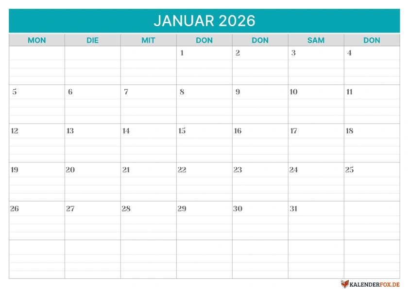 Linierte Kalender Januar 2026 vorlage