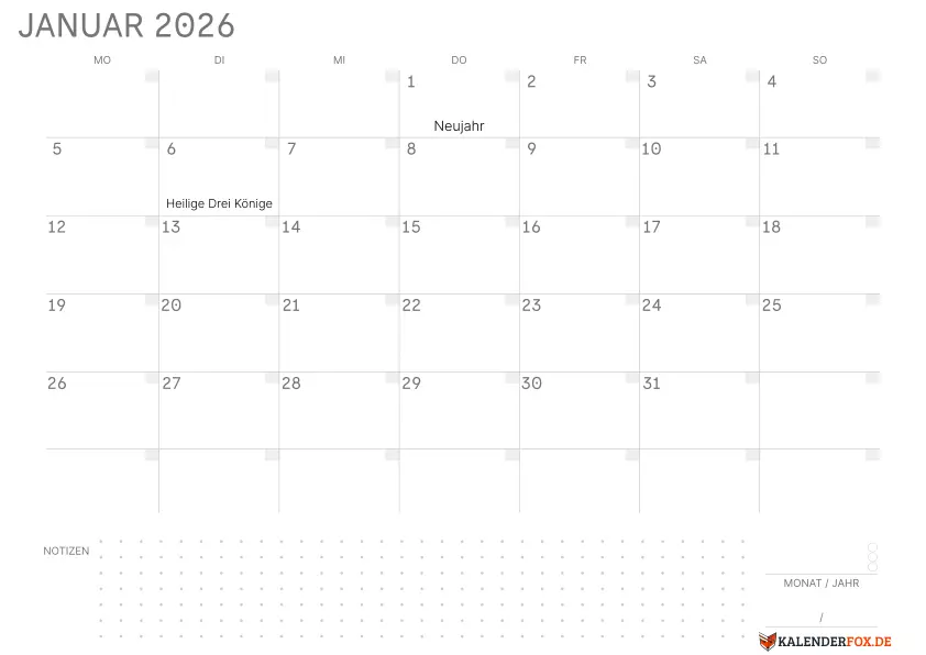 Leerer Kalender Januar 2026 mit Feiertagen