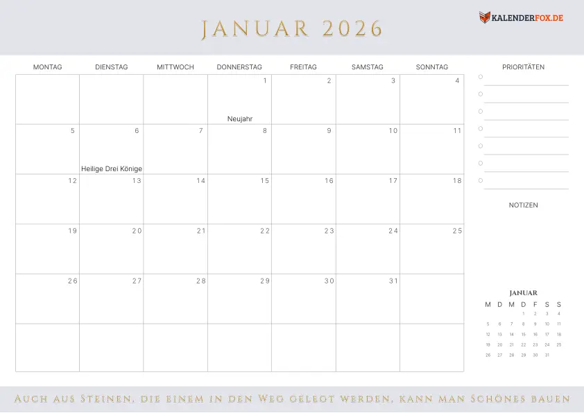 Prioritäten Kalender Januar 2026 mit Feiertagen
