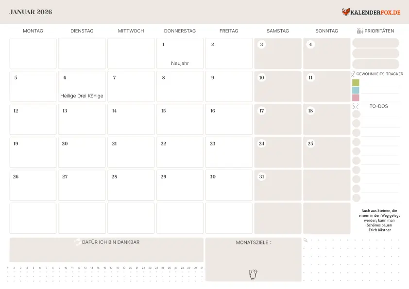 To-Do Liste Kalender Januar 2026 mit Feiertagen