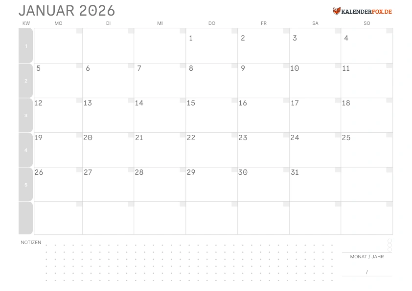 Leerer Kalender Januar 2026 mit KW