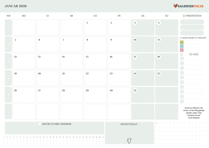 To-Do Liste Kalender Januar 2026 mit KW