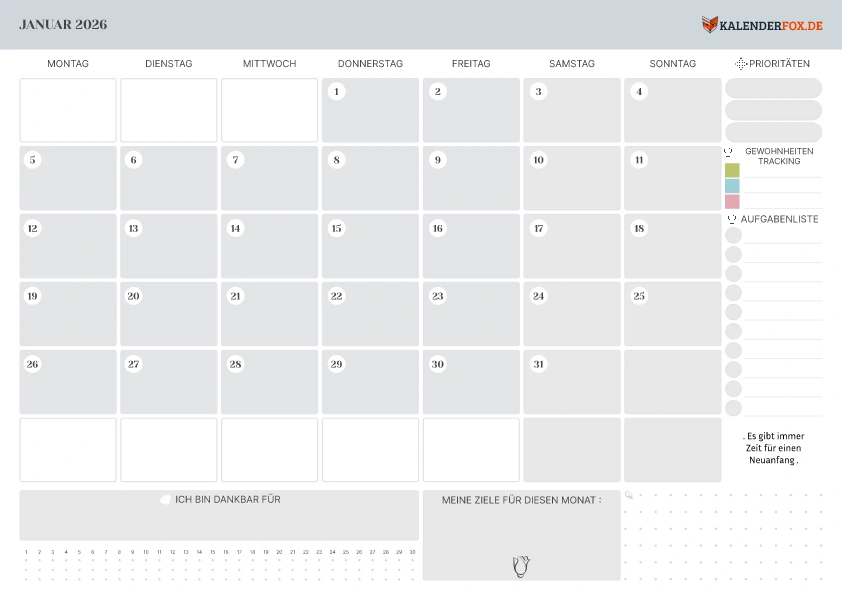 Kalender Januar 2026 mit Notizbereich