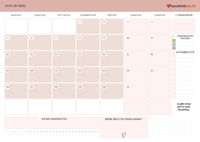 Kalender Januar 2026 mit Zitaten