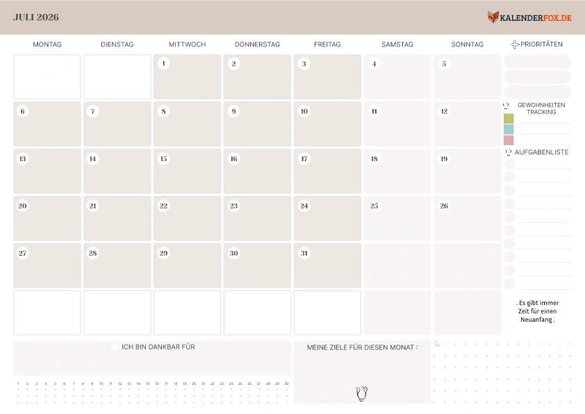 Kalender Juli 2026 mit To-Do-Liste