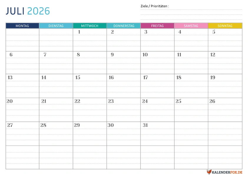 Gepunktete Kalender Juli 2026 vorlage