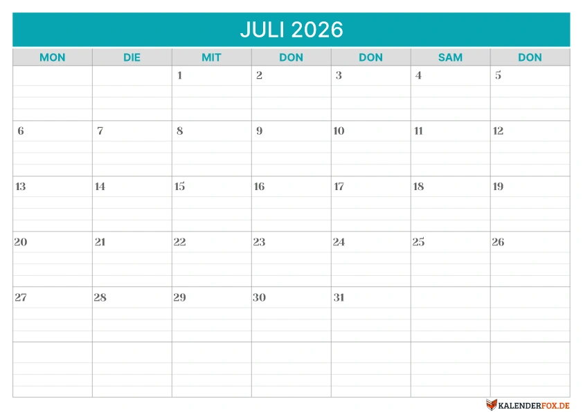 Linierte Kalender Juli 2026 vorlage