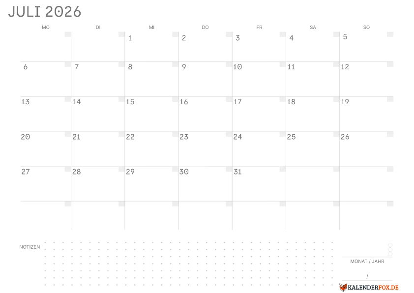 Leerer Kalender Juli 2026 mit Feiertagen