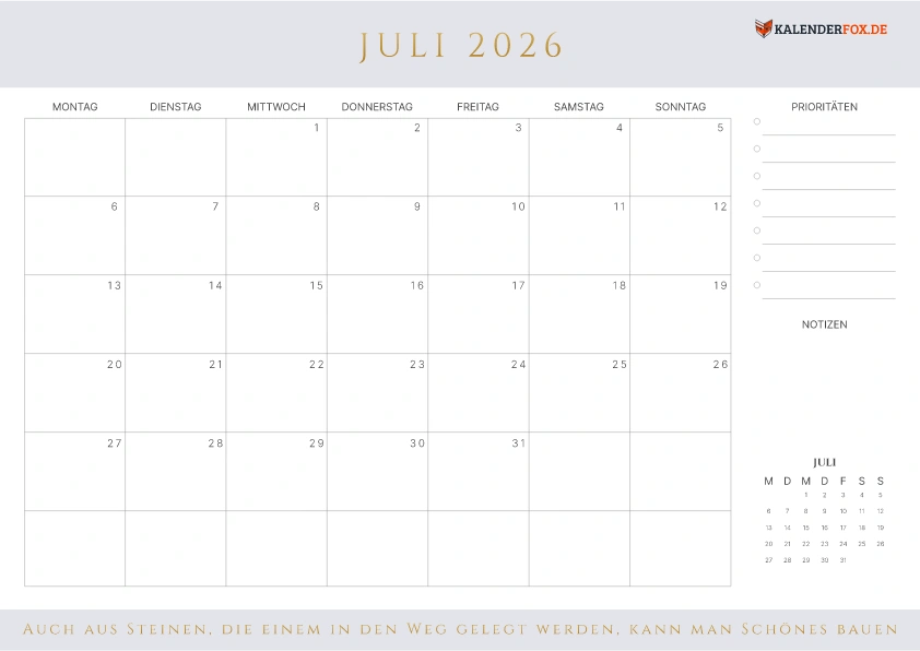 Prioritäten Kalender Juli 2026 mit Feiertagen